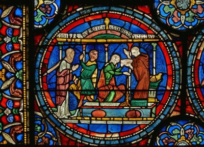 (détail) de la fenêtre du Miracle : Audrey de Canterbury prenant de l