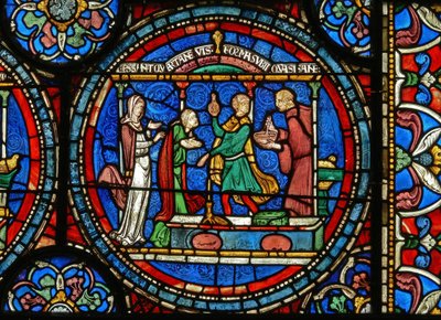 (détail) de la fenêtre du Miracle : Audrey de Canterbury prenant de l