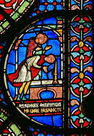 (détail) de la fenêtre du Miracle : Eilward de Westoning remerciant au tombeau de Thomas Becket - English School