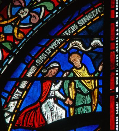 (détail) de la fenêtre du Miracle : histoire de Juliana de Rochester - English School