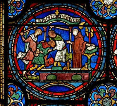 (détail) de la fenêtre du Miracle : Henry le Fou de Fordwich - English School