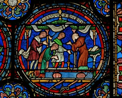 (détail) de la fenêtre du Miracle : Henry le Fou de Fordwich remerciant après sa guérison - English School
