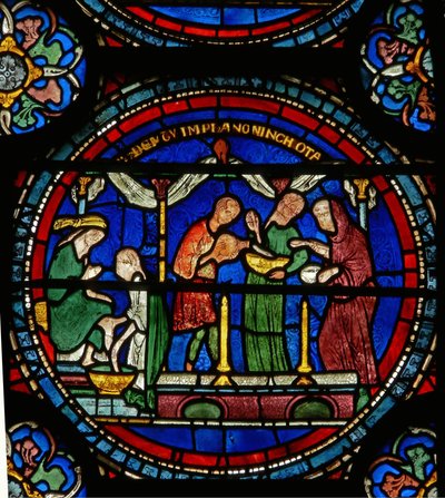 (détail) de la fenêtre du Miracle représentant la guérison de Petronilla - English School