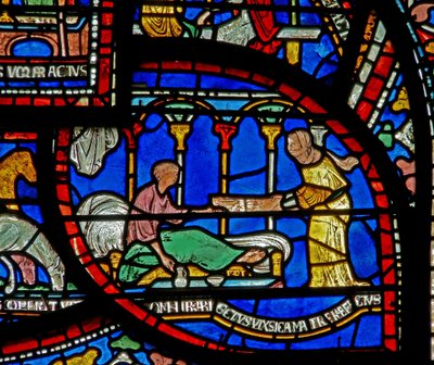 (détail) de la fenêtre du Miracle : histoire de Richard Sunieve - English School