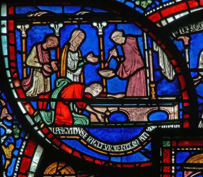 (détail) de la fenêtre du Miracle : histoire de Richard Sunieve - English School