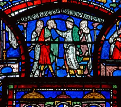 (détail) de la fenêtre du Miracle : histoire de Richard Sunieve - English School