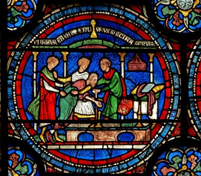 (détail) de la fenêtre du Miracle représentant Robert de Cricklade au tombeau - English School