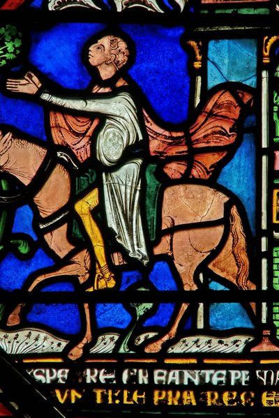 (détail) de la fenêtre du Miracle : un chevalier quittant la ville guéri - English School