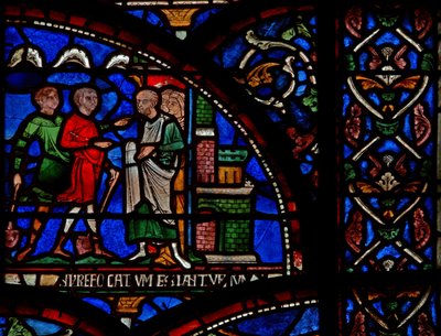 Détail de la fenêtre des Miracles représentant une scène du sauvetage de William de Gloucester - English School