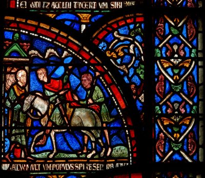 Détail de la fenêtre des Miracles représentant une scène du sauvetage de William de Gloucester - English School