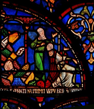 Détail de la fenêtre des Miracles représentant un mur tombant sur l