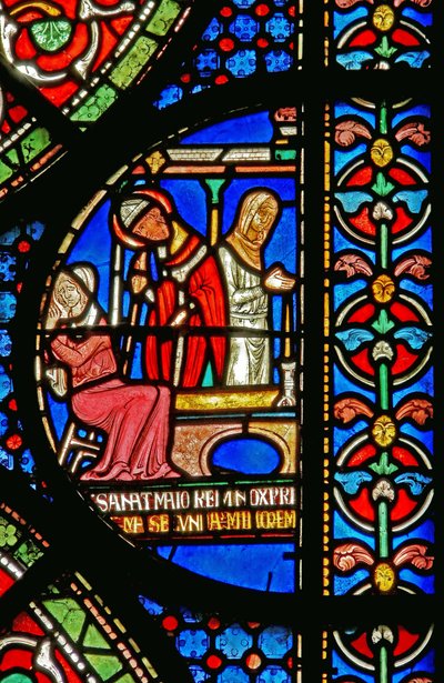 (détail) de la fenêtre du Miracle : guérison des filles de Godbold de Boxley - English School