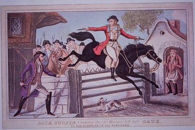 Dick Turpin sautant la barrière de péage de Hornsey sur son cheval Black Bess (gravure colorée) - English School