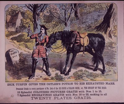 Dick Turpin avec son cheval Black Bess en route pour York (lithographie en couleur) - English School