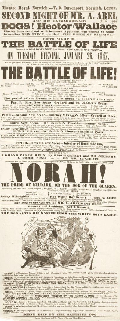 Affiche de Dickens : La Bataille de la vie, au Theatre Royal, Norwich, 26 janvier 1847 - English School