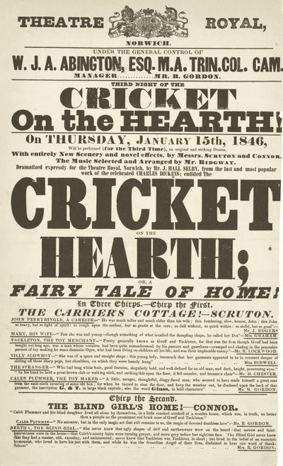 Affiche de Dickens : Le Grillon du foyer au Theatre Royal, Derby, 15 janvier 1846 - English School