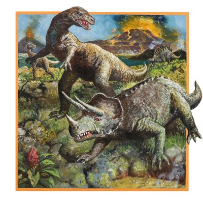 Dinosaures avec volcan (gouache sur papier) - English School