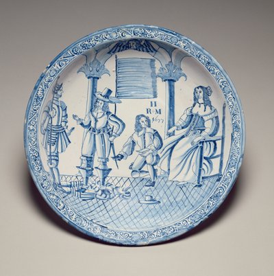 Plat avec la reine Catherine assise faisant ajuster une chaussure par un cavalier agenouillé, 1677 - English School