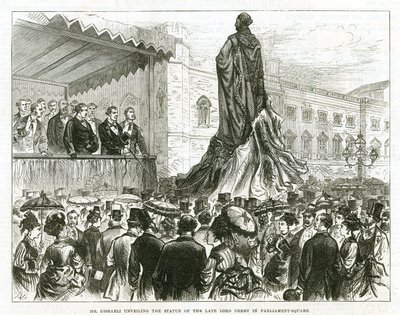 Disraeli dévoilant la statue du défunt Lord Derby à Parliament Square, Westminster - English School