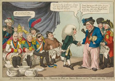 Docteur Boney amenant les puissances à Pot..., gravure colorée à la main de 1808 - English School