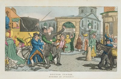 Le docteur Syntax volé à St. Giless, de La tournée du docteur Syntax à travers Londres, ou les plaisirs et misères de la métropole. Un poème, publié en 1820 - English School