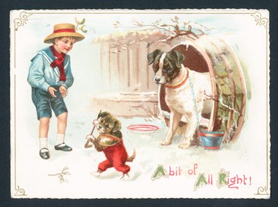 Chien, chiot et garçon jouant dans la neige, Carte de Noël - English School