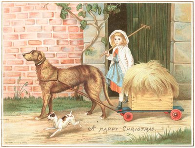 Chien tirant une charrette pleine de foin, Carte de Noël - English School