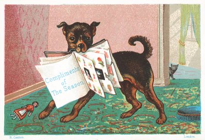 Chien avec un livre dans la bouche, carte de Noël - English School