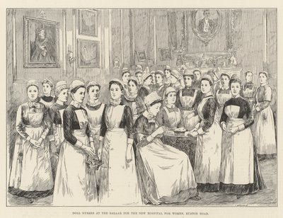 Poupées infirmières à la vente de charité pour le nouvel hôpital pour femmes, Euston Road (gravure) - English School