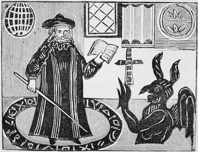 Dr Faustus dans un cercle magique, frontispice de la traduction de Dr Faustus par Gents, publié en 1648 - English School