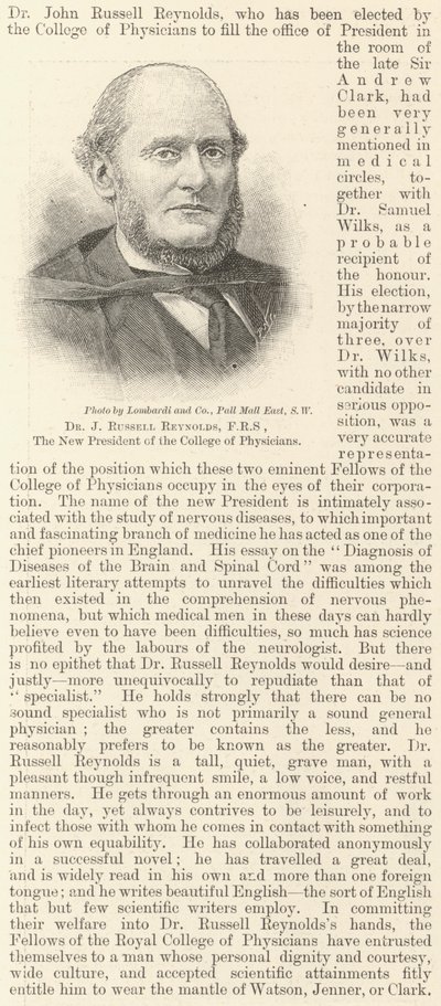 Dr J Russell Reynolds, FRS, le nouveau Président du Collège des Médecins (gravure) - English School