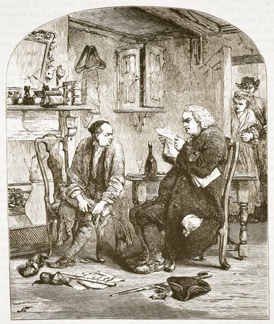 Dr Johnson lisant le manuscrit du Vicaire de Wakefield (illustration de Cassells Illustrated History of England) - English School