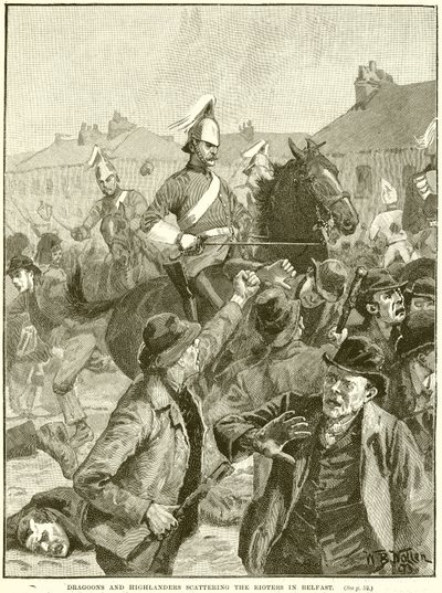 Dragons et Highlanders dispersant les émeutiers à Belfast - English School