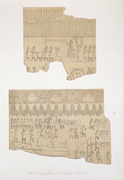 Dessins de taureau, et forêt avec cerfs et cochons, Koujunjik, planche 12 de Ninive et ses restes par Austen Henry Layard (1817-94) publié en 1849 - English School