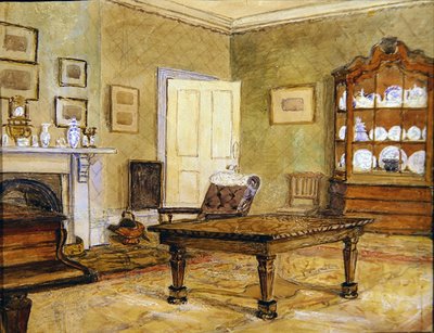 Intérieur de salon avec collection de porcelaine, vers 1890 - English School