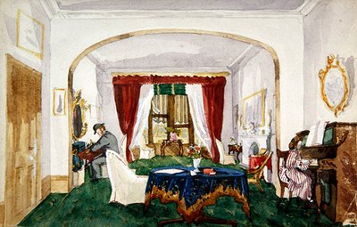 Intérieur de salon, femme au piano, homme avec chapeau melon écrivant, vers 1850 - English School