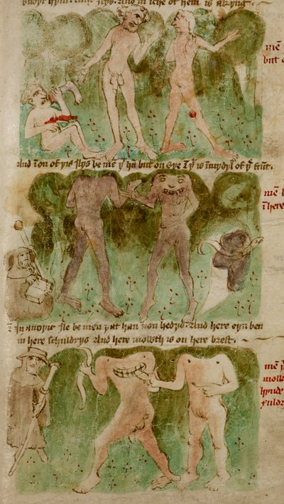 Dessins des races monstrueuses dans le royaume de Dondun, y compris les cyclopes, les géants cannibales et les blemmyae, illustration des 