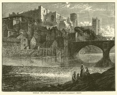 Durham, le château, la cathédrale et le pont de Ralph Flambard (gravure) - English School
