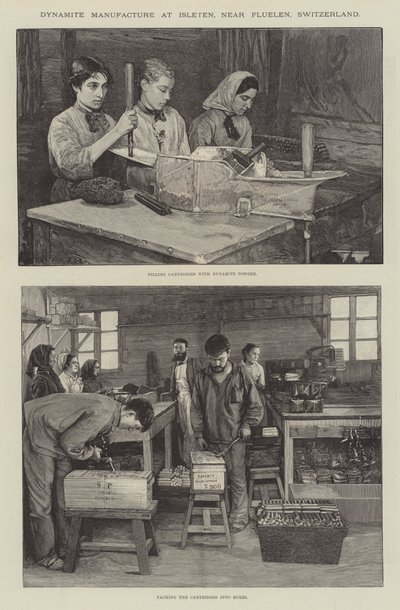 Fabrication de dynamite à Isleten, près de Fluelen, Suisse (gravure) - English School