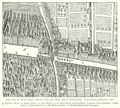 Extrémité est de la rue principale, Nether Bow, et extrémité ouest de Canongate (gravure) - English School