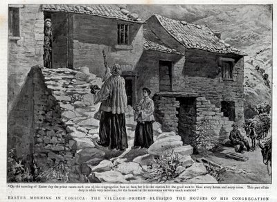 Matin de Pâques en Corse, le prêtre du village bénissant les maisons de sa paroisse - English School