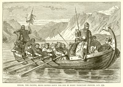 Edgar, le Pacifique, étant ramé sur la Dee par huit princes tributaires, 959 après J.-C. - English School