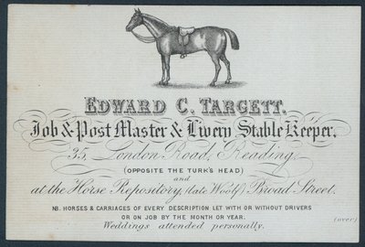 Edward C Targett, maître de poste et écurie de location, carte de visite - English School