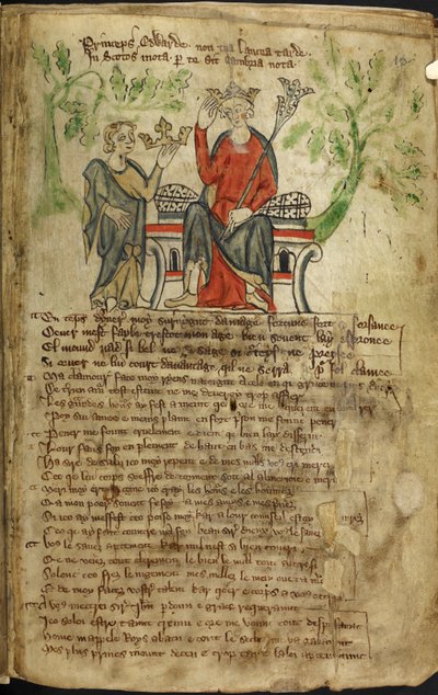 Édouard II assis sur un trône, avec un sceptre dans la main gauche, et touchant sa couronne de la main droite. Une petite figure (peut-être une personnification du Pays de Galles) lui offre une autre couronne (probablement la couronne d