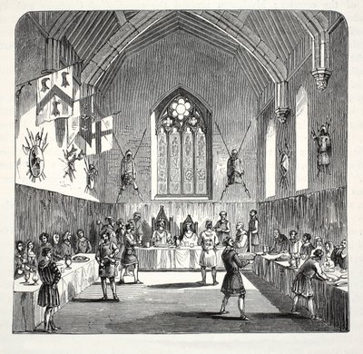 Édouard Ier et la reine Éléonore célébrant Noël au château de Conway, publié au 19ème siècle (gravure sur acier) - English School