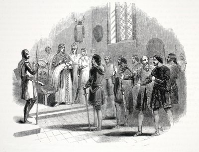 Édouard Ier présentant aux chefs gallois un prince né parmi eux, au château de Rhuddlan - English School