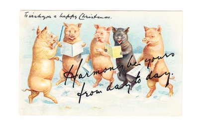 Carte postale de Noël édouardienne représentant cinq cochons en train de faire de la musique, vers 1910 (lithographie couleur) - English School