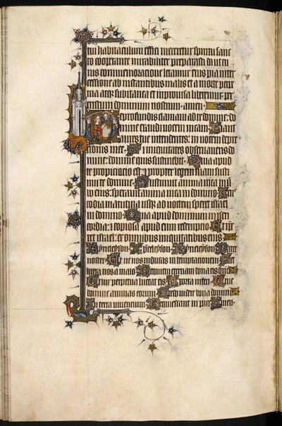 Egerton MS 3277, f.131v, Dame Bohun en prière, avec lion et château en marge, du 
