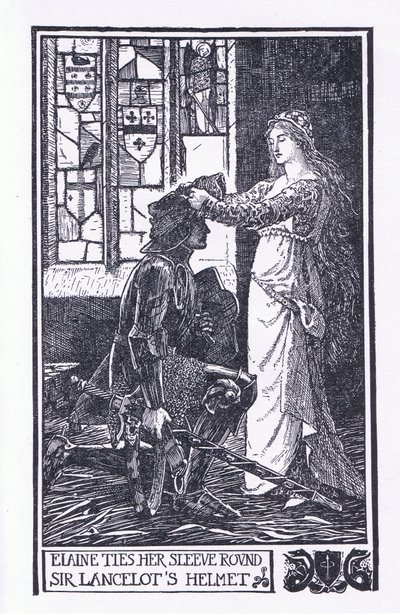 Elaine attache sa manche autour du casque de Sir Lancelot, illustration de 