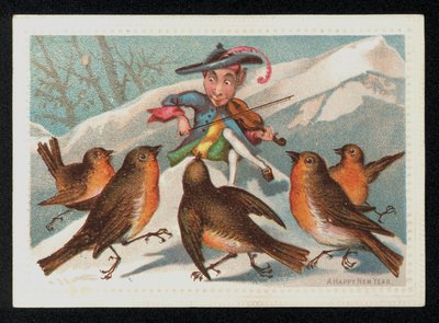 Lutin avec un violon divertissant un groupe de rouges-gorges, carte de vœux du Nouvel An (chromolithographie) - English School